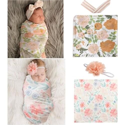 2 Pcs Newborn Floral Swaddle Wrap+ Headband Set Baby Cotton Receiving Blanket Q1FE