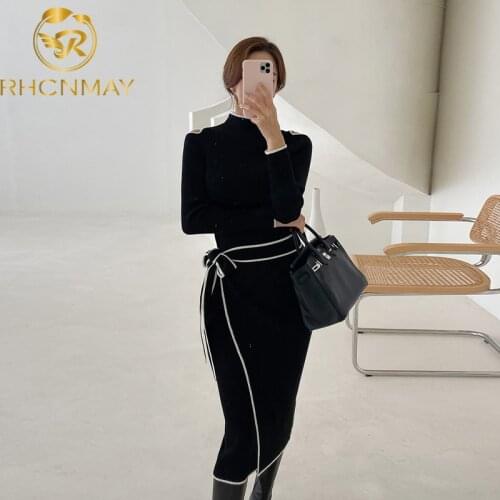 2020 Autumn Clothing New Style High collar Long Sleeve Frenulum Dress Korean-style Fashion Slim Fit Medium-length knitting Dress