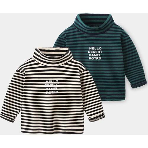 Boy Kids Long Sleeve Tops Autumn Winter Korean Casual Half High Collar Striped Letter Print Tshirt For Boys Toddler Baby Clothes