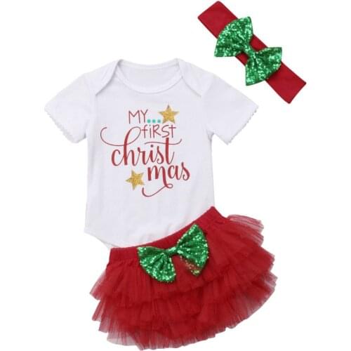 Emmababy Xmas Newborn Baby Girl My First Christmas Romper+ Red Lace Tulle Pants Clothes Outfits