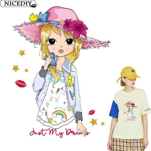 Nicediy Beautiful Cartoon Cute Girl Patches for Clothes Iron on Heat Transfer Vinyl Stickers Children Boy Girl Patches Washable