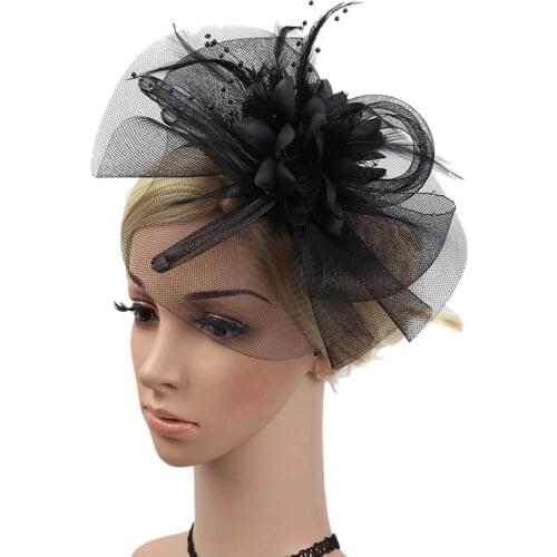 Fashion Women Feather Mesh Floral Fascinator Headband Hair Clip Accessories Band Cocktail Party Hat Wedding Bride Accessories