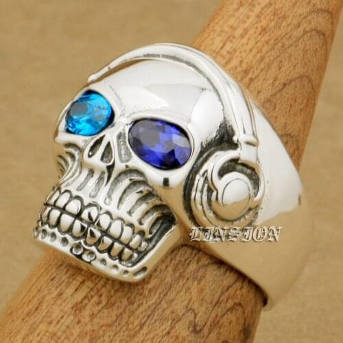 925 Sterling Silver Blue + Purple CZ Eyes DJ Skull Studio Music Headphone Mens Boys Biker Rock Punk Ring 8Y511 US Size 7 to 15