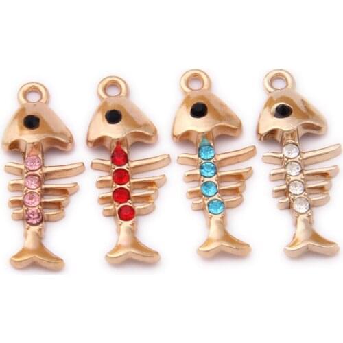 Newest 40pcs/Lot Crystal Rhinestone Paved Gold Tone Alloy Fish Bone Pendants DIy Jewelry Findings Ornament Accessories Charms