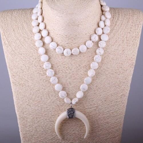 Fashion Flat White Stones Bead Stones Ox Horn Moon Pendant Necklace Handmade Women Jewelry 2 color available