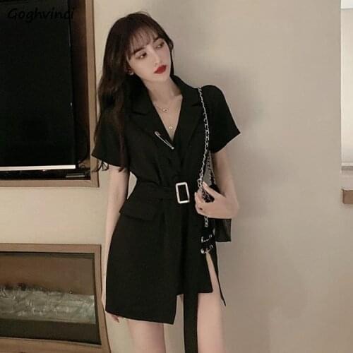 Blazers Women Design Summer Short Sleeves Sashes Tunic Notched Side Split Girls Leisure Streetwear Young Korean Style New Chic