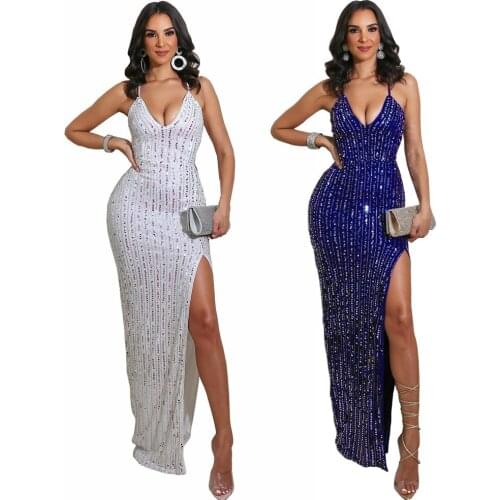 Sexy Backless Lace Up Split Sequins Elegant Evening Party Nightclub Women Dress Robes Bodycon Spaghetti Strap Maxi Long Dress