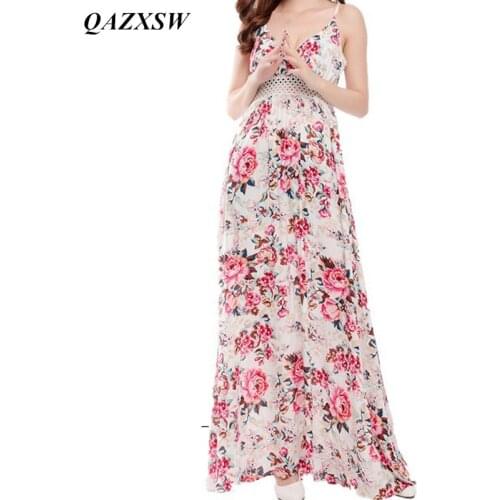 QAZXSW Womens Summer Elegant Boho Beach Floral Printed Dresses Clothing Sleeveless Sexy Dress Party Maxi Long Dresses YX118