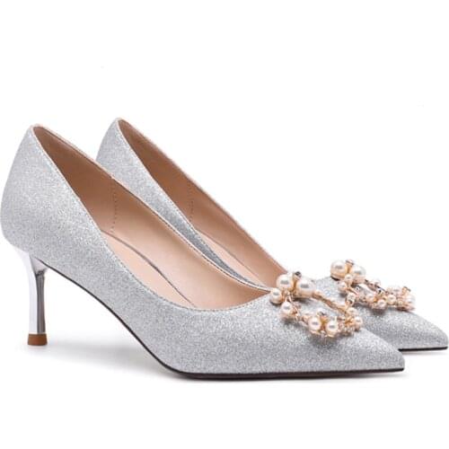 Plus Size 33-42 Sequins Pointed Toe Shoes Women Pumps Woman Luxury Bling High Heels Female Ladies Sexy Party Wedding Heel Silver