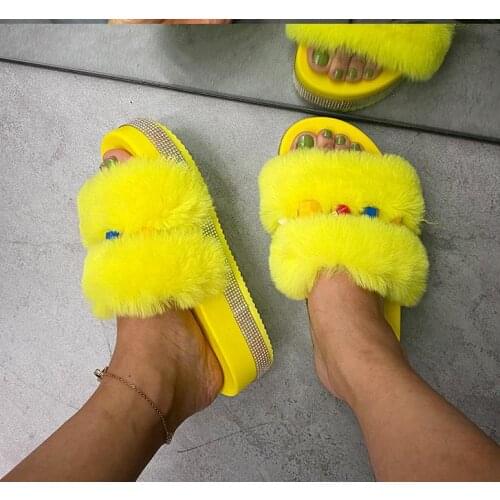 Luxury Designer Women Fur Rhinestone Colorful Rivets Slippers Platform Wedges Heel Solid Fluffy Furry Slides Outside Sexy Shoes