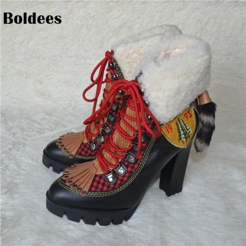 Chirstmas Gift Winter Wool Snow Boots Woman Designer Platform High Heel Ankle Boots Short Fashion Lace Up Booty