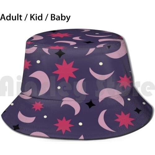 Moon And Stars Purple Sun Hat Foldable UV Protection Pink Purple Modern Sketch Atomic