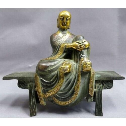 7" China bronze gild buddhism copper carved wooden bench buddha sculpture Statue