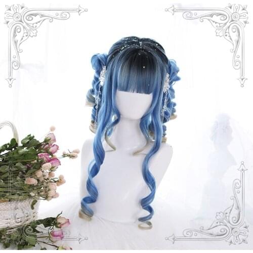 High Quality Soft Girl Lolita Blue Roman Volume Hair Tail Gradual Change Long Curly Wig