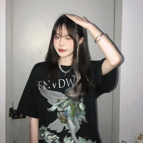 Short-sleeved T-shirt female butterfly fairy print grunge y2k loose fashion trend hip hop Harajuku oversized sweatshirt women