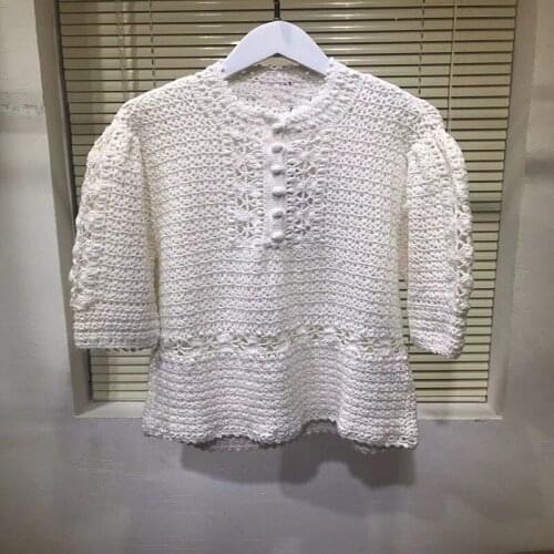 Runway Design White T-shirts Hollow Out Women 2021 New Fashion Summer Crochet Tops O-neck Half Sleeve Sexy T- Shirts