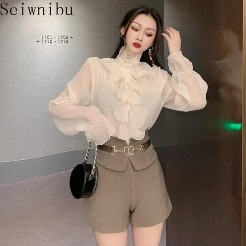 Women Shirt Ruffle Patchwork Korean Stand Neck Blusas + High Waist Solid Sashes Mini Short Pants Female Office Lady Casual Korea