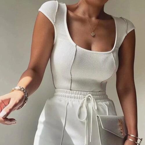 Women Contrast Seam Detail Crop T-shirt With Cap Sleeve A039