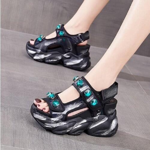 Summer New European America Fashion Style Super High Heels Platform Peep Toe Bling Crystal Genuine Leather Women Sandals 0702