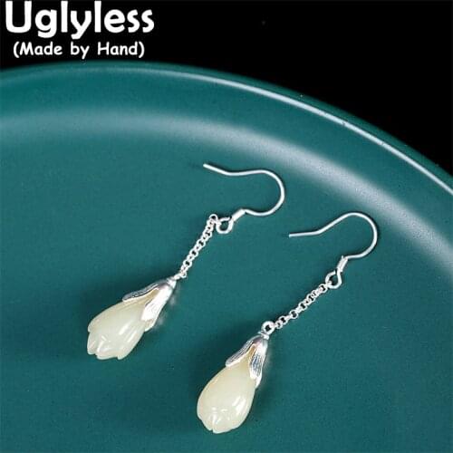 Uglyless Classic Magnolia Floral Earrings Women Elegant China Chic Evening Dress Earrings 925 Silver Jade Brincos Bijoux E1458