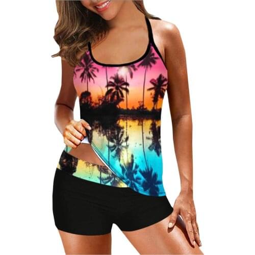 2021 Women Swimsuit Summer 2 Pieces Print Strappy Back Tankini Set Mujer Bikinis Push Up Swimdress Cover Up Bathing Beachwear