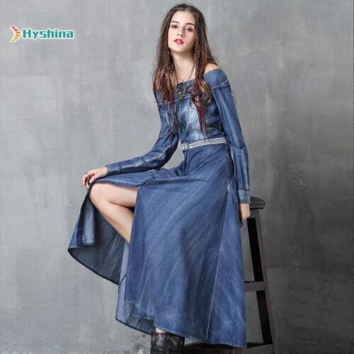 Womens New Dress One Line Collar Embroidered Denim Skirt Retro Long Sleeve Dress Long Skirt