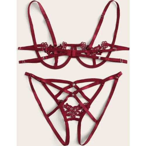 Women Porno Lace Lingerie Set Lenceria Nightwear Sexy Hollow Strappy Bra with Open Crotch G-String Panties Exotic Femme Apparel