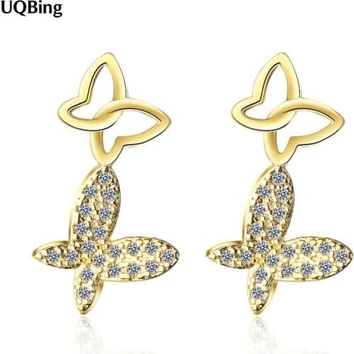 Gold Color Double Butterfly Crystal Stud Earring 925 Sterling Silver Gifts Jewelry