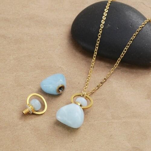 5Pcs Gold Natural Aquamarines Perfume Bottle Diffuser Necklace Essential Oil Bottle Gold Necklace Healing Necklace Gems Stone