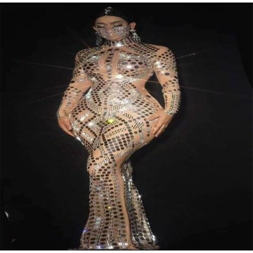 H20 Bar catwalk show perform mesh sequins long evening dress elastic one piece skirt sparkly crystal outfits party wears clothe