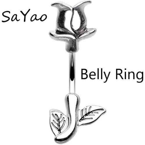 SaYao Internally Threaded Stainless Steel Navel Rings Rose Flower Sexy Flowers Belly Ring Body piercing Jewelry