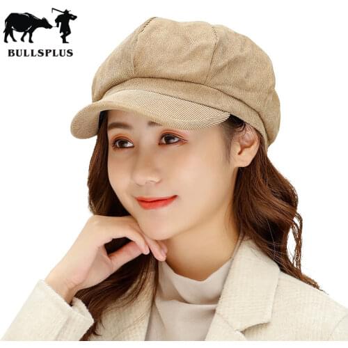Korean version art octagonal Hat Women corduroy solid color Beret fashion spring and autumn male female painter duck tongue hat
