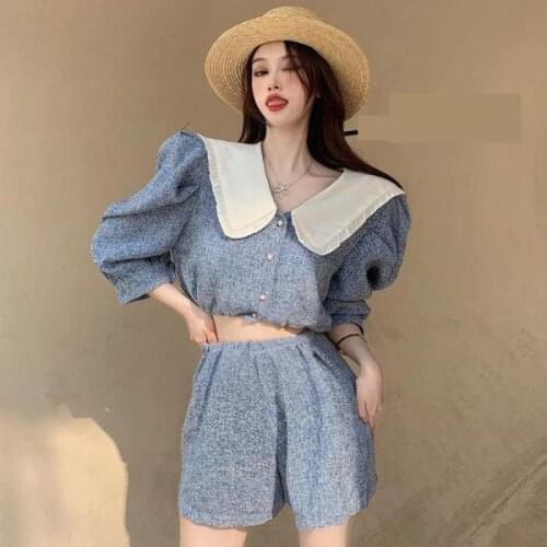 Korean Style Women Short Sleeve Shirts Summer Vintage Puff Sleeve Sweet Peter Pan Collar Loose Crop Top Shirt Blouse