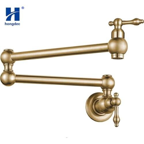 Hongdec Dual Handles Pot Filler Folding tap Brass Kitchen Sink Faucet Brushed gold Only Cold Water