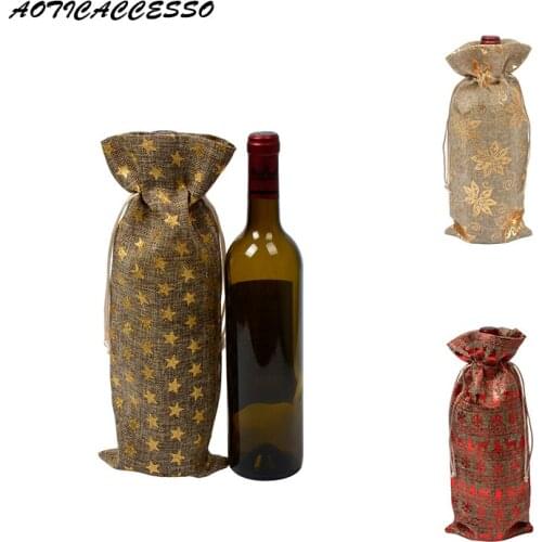 Linen Jute Drawstring Bag 5.9"x14.3" Christmas Wine Bottle Bag Wedding Favor Packaging Sack Burlap Jute Gift Bag