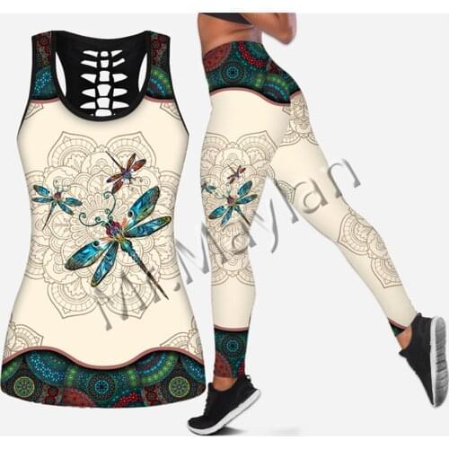 Fashion Animal Mandala And Dragonfly Women Hollow Tanktop And Legging For 3D Print Hipster Leisure Female Sexy Vest Clothe S-387