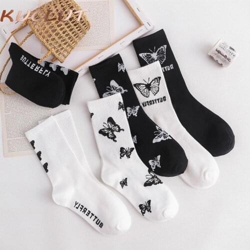 Cartoon Socks Womens Cute Bow Print White Black Funny Fall Harajuku Fashion Kawaii Skarpetki Damskie Woman Femme Long Socks