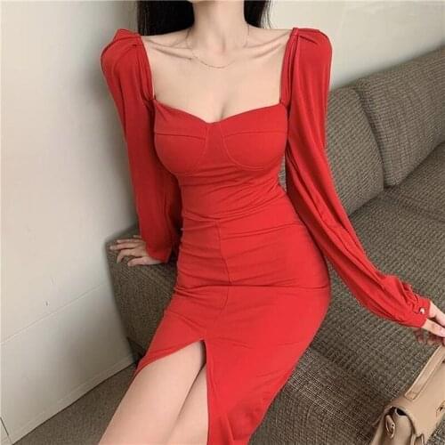 Solid Elegant Dress Women French Sexy Slim Split Midi Dress Female Hepburn Party Night Korean Dress Womens Clothing Autumn Fad