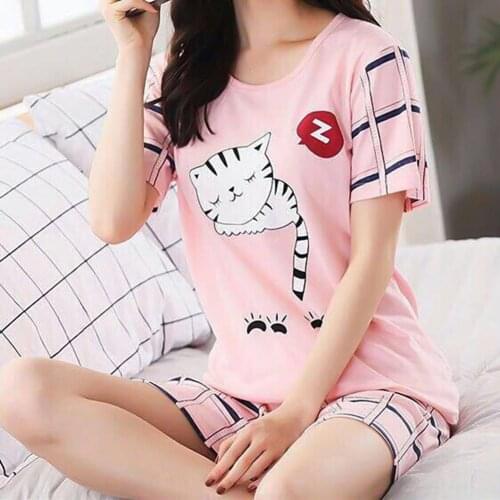 Summer Loose Pajama Sets Women Cartoon Cats Print 2 Pieces Shorts Elastic Waist Pyjamas Women Pijamas Sleepwear пижама женская
