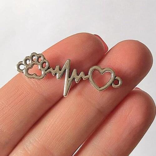 4Pcs Pet Paw Print Heartbeat Connector Charms Antique Silver Color Pendant Findings Diy Aesthetics Accessories Handmade Jewelry