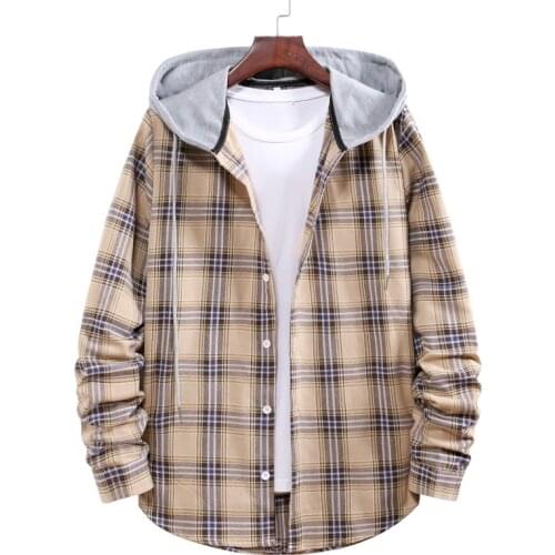 2021 Mens Shirts Long Sleeve Hooded Plaid Shirt Male High Quality Tops Harajuku Khaki Checkered Blouse Couple Clothes