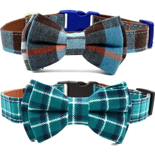 Breakaway Dog Collar PU Leather with Detachable Bowtie Classic Plaid Bowtie Durable Adjustable Safety Collars for Large Dogs