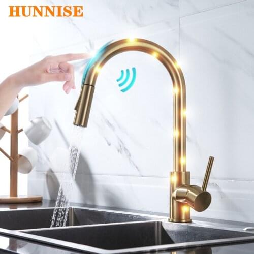 Touch Kitchen Faucet HUNNISE Brushed Gold Smart Touch Kitchen Mixer Tap Luxury Pull Out Kitchen Faucets Sensor Kitchen Faucet