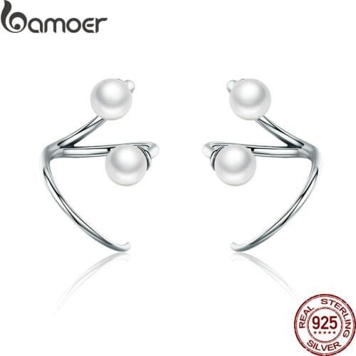 BAMOER 100% 925 Sterling Silver Earrings Geomatirc Elegant Pearl Stud Earrings for Women Silver Jewelry Valentines Day Gift