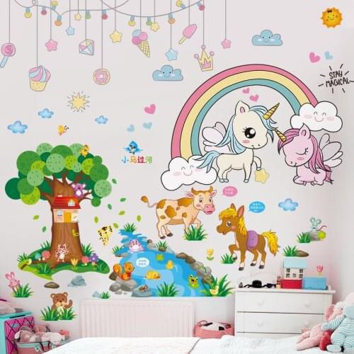 [shijuekongjian] Cartoon Tree Wall Stickers DIY Monkey Horse Animal Wall Decals for House Baby Rooms Kids Bedroom Decoration