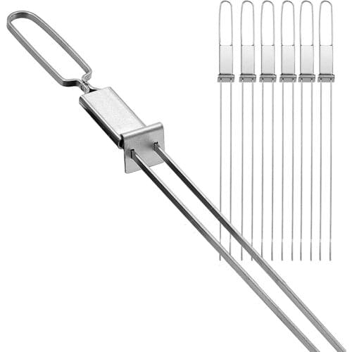 Grilled Skewers-32.5 Cm Long Double-Pronged Barbecue Skewer with Push Rod Stainless Steel Skewers