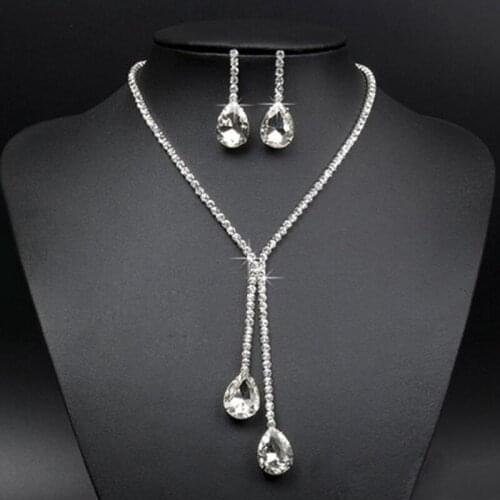 Wedding Luxury Water Drop Crystal Rhinestone Necklace Earrings Jewelry Set