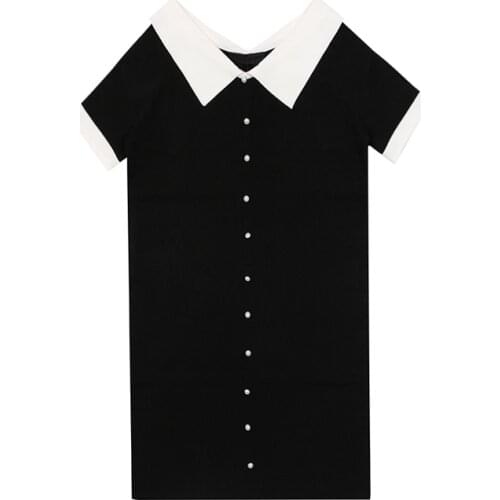 PERHAPS U Black Red White Turn Down Collar Button Patchwork Short Sleeve Mini Short Dress Straight Summer Sweet D0431