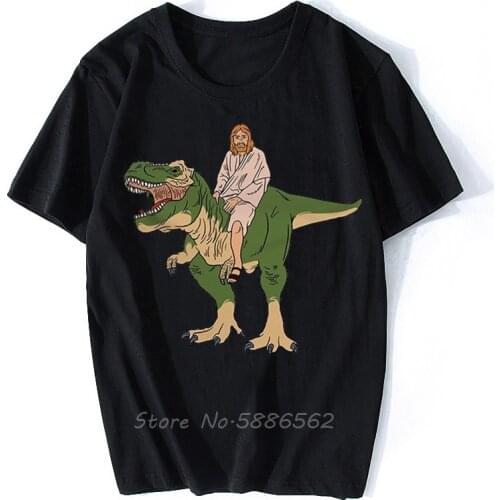 Jesus Ride On T-Rex Dinosaur Funny T Shirt Men Summer New White Casual Homme Cool Hipster Tshirt Tees Harajuku