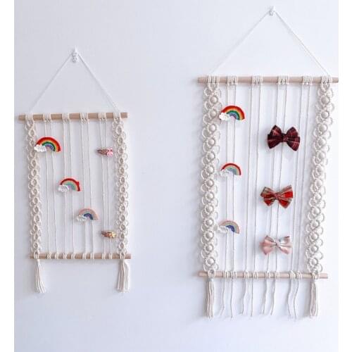 XXFE Nordic Boho Macrame Hair Bow Clips Holder Woven Tassel Hairpins Headband Organizer Wood Stick Wall Hanging Display Rack